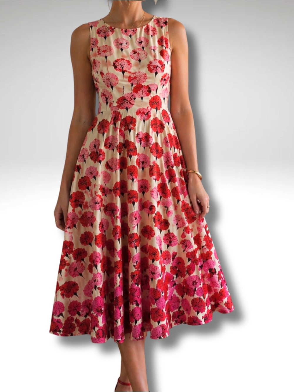 Vintage-Style Carnation Print Dress | Romantic Sleeveless Midi (4)